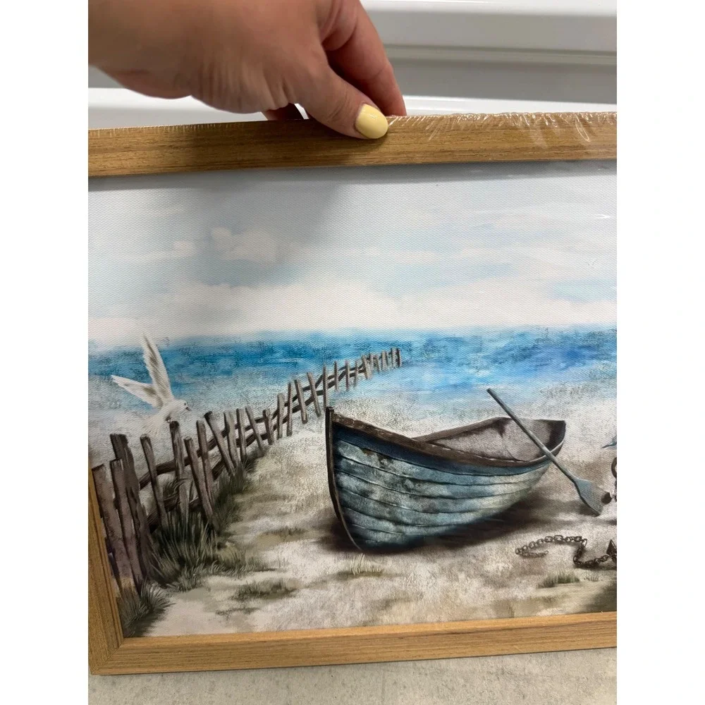 Coastal Beach Scene Framed Canvas Wall Art Rowboat Anchor Nautical Decor 12x16